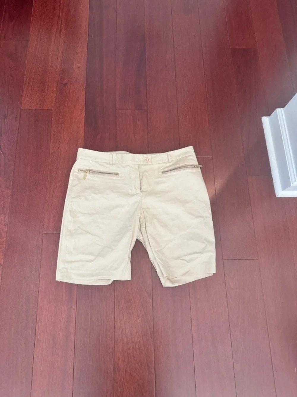 Michael Kors Beige High-Rise Tailored Bermuda Shorts with Gold Zippers